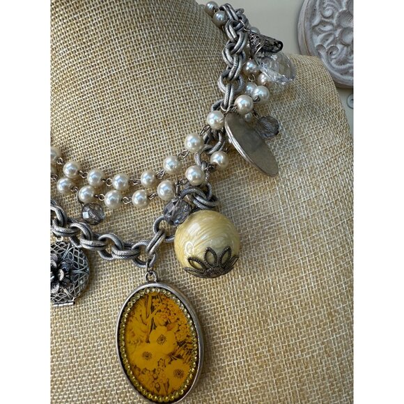 Lenora Dame Vintage Multi-Charm Necklace With Silver Chain & Pearl Strands Featu - Picture 14 of 16